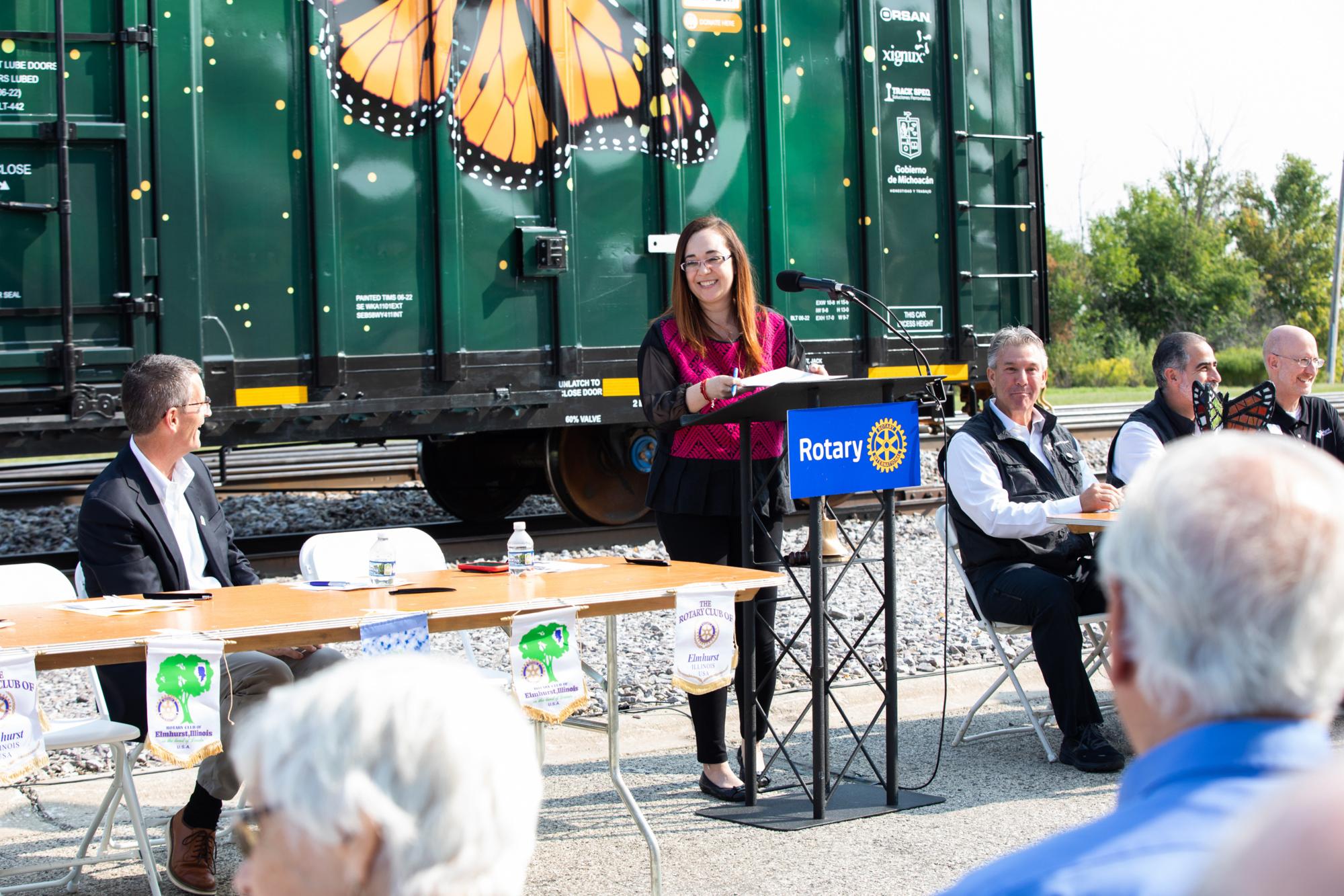 The Monarch Butterfly 60,000 Tree Challenge is an initiative that engages the public in a series of education events to raise awareness about the declining population of natural pollinators and how that threatens our global ecosystems, food systems, and economies via a box car train traveling between Windsor, Canada, and Michoacan, Mexico (the migratory route of the monarch butterfly’s eastern population). Led by the Rotary Club of Monterrey, Mexico; Kansas City Southern Railway; Canadian Pacific Railway; Profauna/Fondo Monarca; and several other partners, the project is designed to raise awareness and funds to support the goal of planting 60,000 trees in Michoacan, Mexico, to further protect the natural habitat where the monarchs overwinter. The project mobilizes local Rotary clubs and community members to visit the boxcar and learn how to help protect the migratory paths of monarch butterflies. Bensenville, Illinois, United States. 15 September 2022.